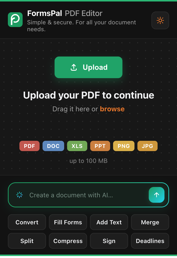 The FormsPal PDF Editor popup, dark theme