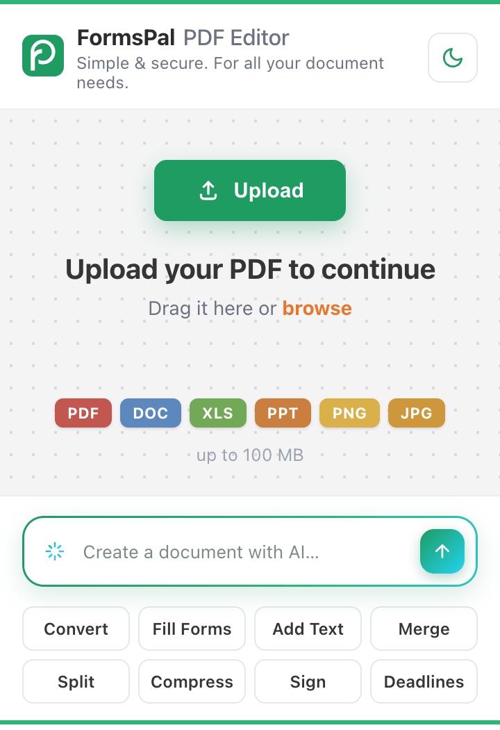 The FormsPal PDF Editor popup, light theme