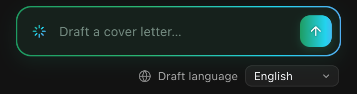 The AI prompt field suggesting a cover letter draft, dark theme